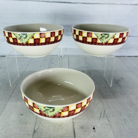 Thomson Pottery COUNTRY HOME Red White Check Farmhouse Soup Cereal Bowls Set 3 - Picture 2 of 16